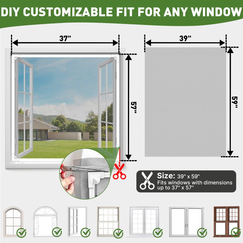 HOFUDON Window Screen Adjustable Magnetic Window Screen Replacement Max 39  x 59   DIY Fiberglass Mesh Window Screens for House Windows White Frame Grey Mesh - Image 5